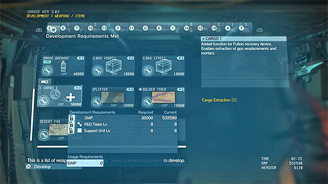 The abovementioned restriction for heavier equipment can be remedied by R&D at the Mother Base - How does the Fulton work (sending people and equipment with the balloon) and what is it good for? | FAQ - Frequently Asked Questions - FAQ - Frequently Asked Questions - Metal Gear Solid V: The Phantom Pain Game Guide & Walkthrough