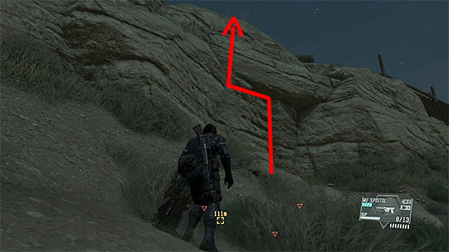 A much better way to reach the upper base is to climb the rocks to the right (i - Reaching the upper part of the barracks | Walkthrough - Mission 5 - Over the Fence - Metal Gear Solid V: The Phantom Pain Game Guide & Walkthrough