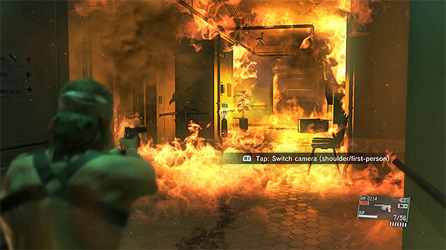 You need to hit the extinguisher - Leaving the hospital | Walkthrough - Mission 0 - Prologue: Awakening - Metal Gear Solid V: The Phantom Pain Game Guide & Walkthrough