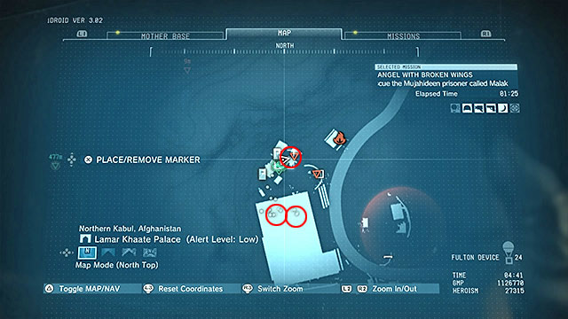 Locations of prisoners have been marked on the above map - Remaining Angel With Broken Wings - secondary mission objectives | Walkthrough - Mission 10 - Angel With Broken Wings - Metal Gear Solid V: The Phantom Pain Game Guide & Walkthrough
