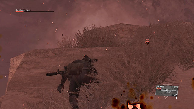 Hide behind rocks whenever you have a need to regain health. - The first phase of the battle with Sahelanthropus | Walkthrough - Mission 31 - Sahelanthropus - Metal Gear Solid V: The Phantom Pain Game Guide & Walkthrough