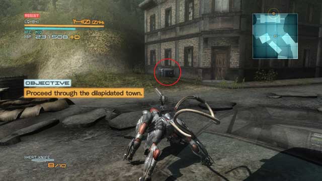 A crate with a Fuel Cell hidden behind the building. - Abkhazia Dilapidated Town - DLC - Blade Wolf - walkthrough - Metal Gear Rising: Revengeance - Game Guide and Walkthrough