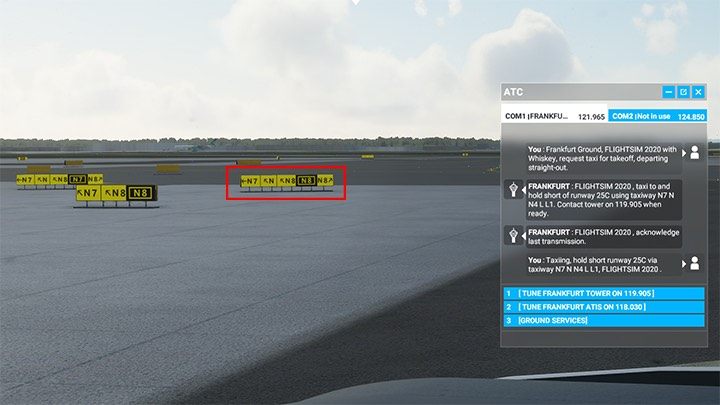 The taxi lane can be also easily recognized from inside of the pilots cabin - Microsoft Flight Simulator: Taxi to the runway - Advanced Flying - Microsoft Flight Simulator 2020 Guide