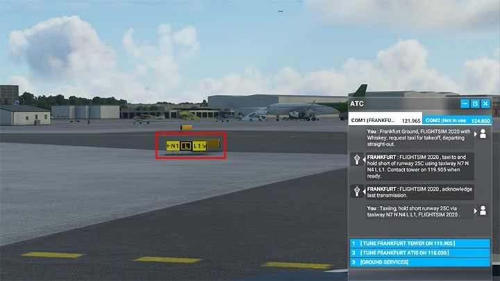 The white and red sign 25 shows the entrance to the runway from the L1 taxi lane - Microsoft Flight Simulator: Taxi to the runway - Advanced Flying - Microsoft Flight Simulator 2020 Guide