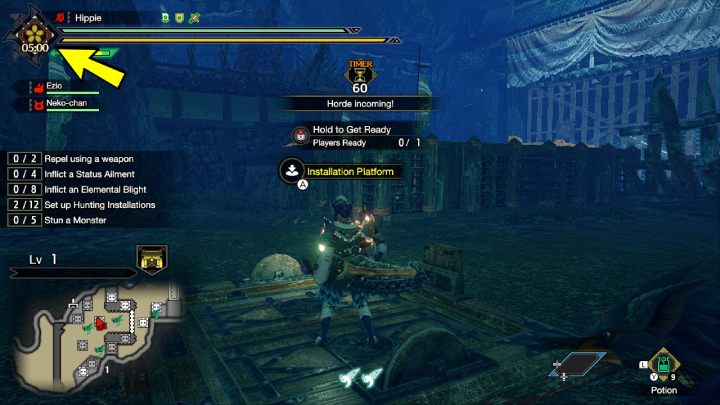 The upper left corner of the screen has a clock showing the time left to maintain the main gate - Monster Hunter rise: Rampage - what is it? - Village - Monster Hunter Rise Guide