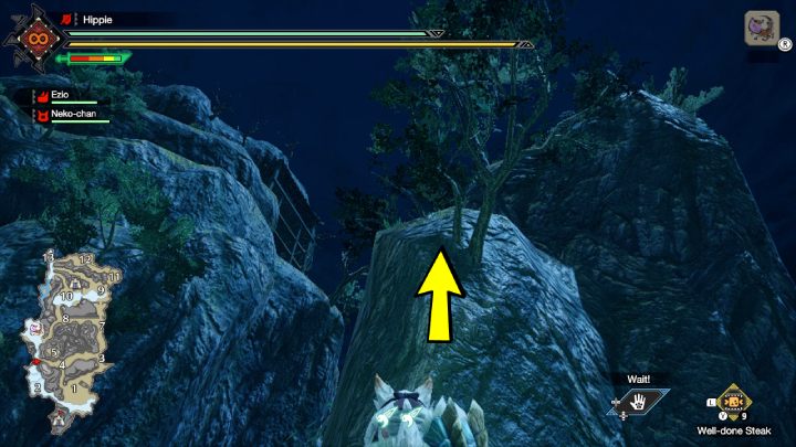 The tenth Old Message is located on a hill near the waterfall - Monster Hunter Rise: Old Messages - Shrine Ruins, collectibles, map - Temple Ruins - Monster Hunter Rise Guide