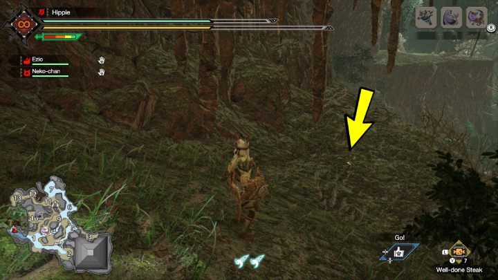 The first Old Message is located above the main camp - Monster Hunter Rise: Old Messages - Flooded Forest, collectibles, map - The Sunken Forest - Monster Hunter Rise Guide