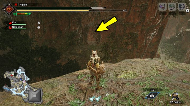 The sixth Old Message is located in a cave on a rock shelf, in area 12 - Monster Hunter Rise: Old Messages - Flooded Forest, collectibles, map - The Sunken Forest - Monster Hunter Rise Guide