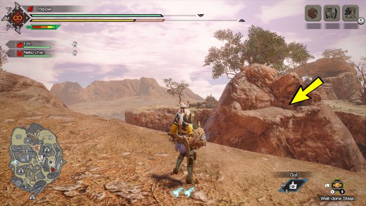 The third Old Message is on a rock between areas 1 and 5 - Monster Hunter Rise: Old Messages - Sandy Plains, collectibles, map - Sand Plains - Monster Hunter Rise Guide