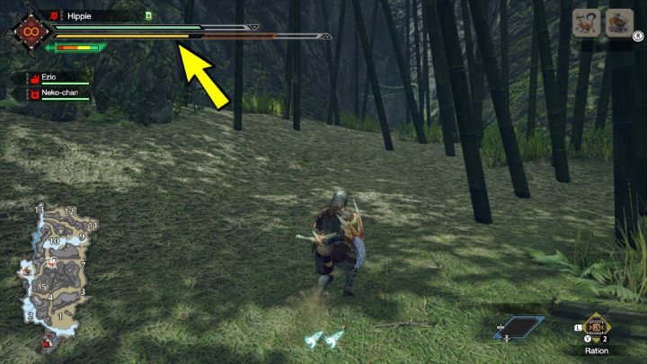 The stamina gauge is located in the upper left corner of the screen, just below the health gauge - Monster Hunter rise: stamina - how to increase? - Form - Monster Hunter Rise game guide