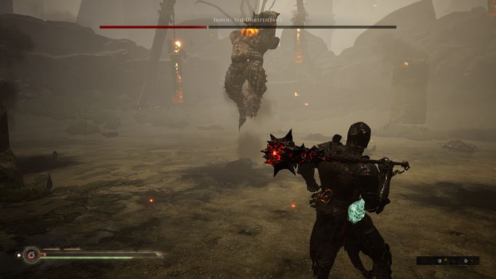 The boss can also attack you with a flame coming out of his helmet - Mortal Shell: Imrod, the Unrepentant boss, how to beat, walkthrough - Bosses - Mortal Shell Guide, Walkthrough