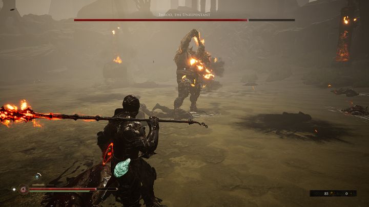 His second new attack is to approach the bodies that lie in the arena, pick them up, burn them and throw in your direction - Mortal Shell: Imrod, the Unrepentant boss, how to beat, walkthrough - Bosses - Mortal Shell Guide, Walkthrough