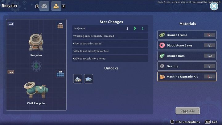 Once you have received the Civil Recycler diagram (you'll find it in your mailbox), you can then upgrade the basic version of the machine - My Time at Sandrock: In Trusses we Trust - walkthrough - Main missions - My Time at Sandrock Guide, Walkthrough