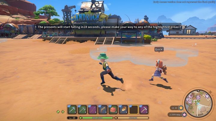 When the airship reaches the square behind the Commerce Guild, the game will show you three possible drop points where the gifts can land - My Time at Sandrock: Calendar and Events - Basics - My Time at Sandrock Guide, Walkthrough