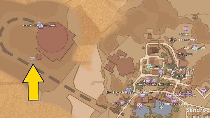 The completed bus shelter should be placed near the Gecko Station Ruins to the west of the city - My Time at Sandrock: Get Conyakted - walkthrough - Side missions - My Time at Sandrock Guide, Walkthrough