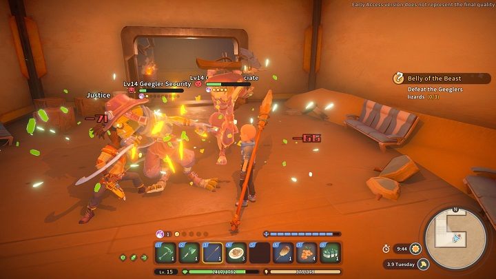 As soon as you enter Gecko Station, grab your weapon immediately and defeat three opponents - My Time at Sandrock: Belly of the Beast - walkthrough - Main missions - My Time at Sandrock Guide, Walkthrough