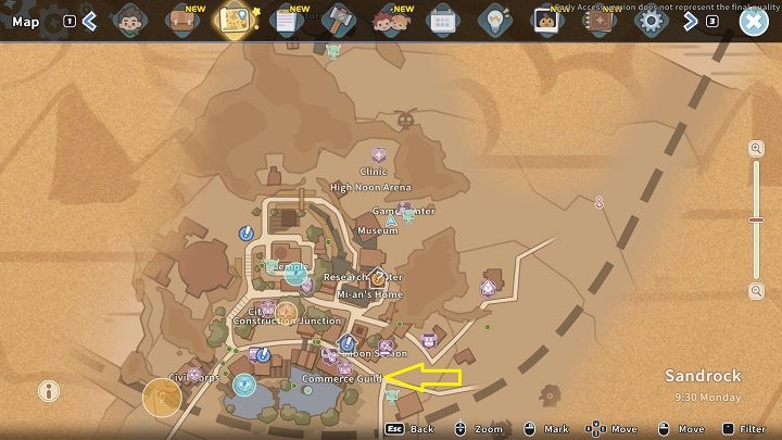 Immediately after waking up, head to the Commerce Guild, where you will witness a lively conversation between Mi-an and Elsie - My Time at Sandrock: Takin it Easy - walkthrough - Side missions - My Time at Sandrock Guide, Walkthrough