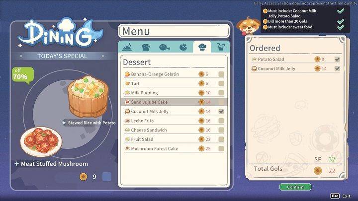Your task is to select the correct dishes from the menu based on the directions displayed in the upper right corner of the order screen - My Time at Sandrock: Takin it Easy - walkthrough - Side missions - My Time at Sandrock Guide, Walkthrough