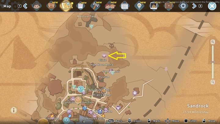 The quest is to visit the Medicine Stall located right next to the Clinic - My Time at Sandrock: Taste of Your Own Medicine - walkthrough - Side missions - My Time at Sandrock Guide, Walkthrough
