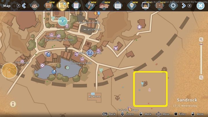 Although there are several different fishing spots indicated with a hook symbol in the game, the task requires you to go to a specific location (we've marked it in the screenshot above) - My Time at Sandrock: World of Sandfishing - walkthrough - Side missions - My Time at Sandrock Guide, Walkthrough