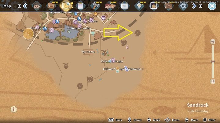 Owen will tell you the location of the sign (we've marked it in the screenshot above) and warn you that Rocket Roosters are prowling the area - My Time at Sandrock: Over the Moon - walkthrough - Side missions - My Time at Sandrock Guide, Walkthrough
