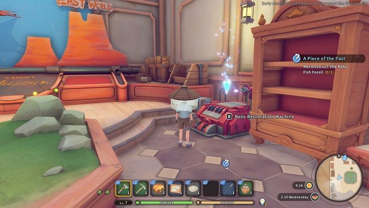 In the middle of the Museum, by the right wall, you will find the Relic Restoration Machine - My Time at Sandrock: A Piece of the Past - walkthrough - Side missions - My Time at Sandrock Guide, Walkthrough