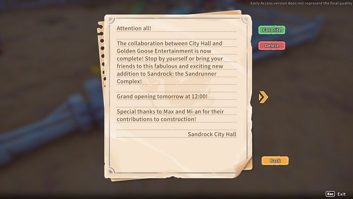 The letter reveals the ceremony will take place the next day, at 12:00 - My Time at Sandrock: Sandapalooza - walkthrough - Main missions - My Time at Sandrock Guide, Walkthrough