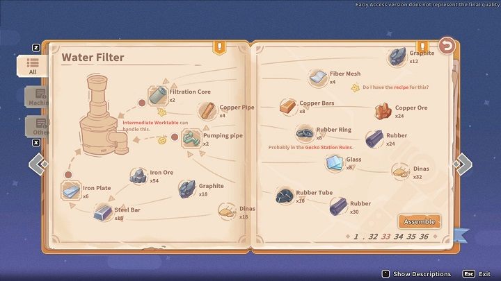 Building the Water Filter requires following materials - My Time at Sandrock: Appetite for Construction - walkthrough - Main missions - My Time at Sandrock Guide, Walkthrough