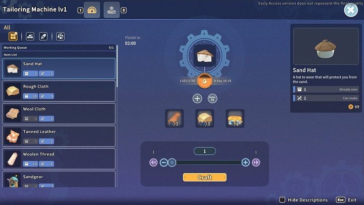Interact with the Tailoring Machine to see a list of all the items you can craft with it - My Time at Sandrock: Tailoring Machine - how to build? - FAQ - My Time at Sandrock Guide, Walkthrough