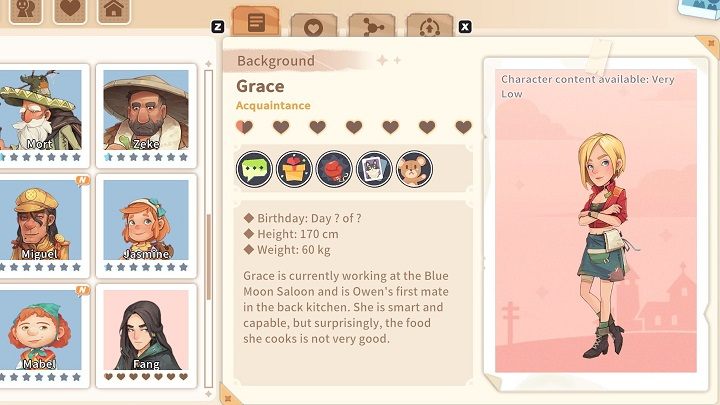 Although Grace is not an outstanding cook, her dishes served at the Blue Moon Saloon have their admirers - My Time at Sandrock: Characters and Romance - Basics - My Time at Sandrock Guide, Walkthrough