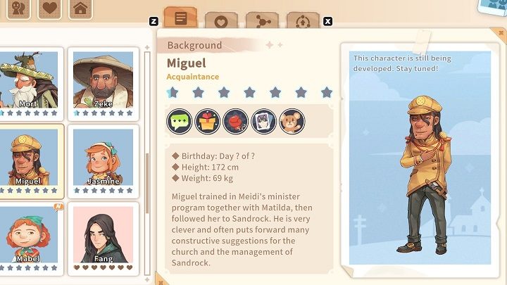 Miguel is a pastor in Sandrock and every Sunday he preaches to residents and tells stories - My Time at Sandrock: Characters and Romance - Basics - My Time at Sandrock Guide, Walkthrough