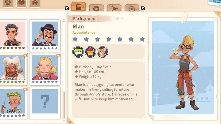 Rian loves to create, and gives vent to his artistic soul by building a variety of furniture - My Time at Sandrock: Characters and Romance - Basics - My Time at Sandrock Guide, Walkthrough