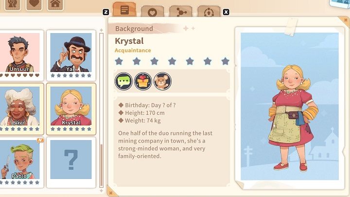 Krystal, as Rocky's wife, takes care of Eufaula Salvage and often jokes that nothing would work as it should without her - My Time at Sandrock: Characters and Romance - Basics - My Time at Sandrock Guide, Walkthrough