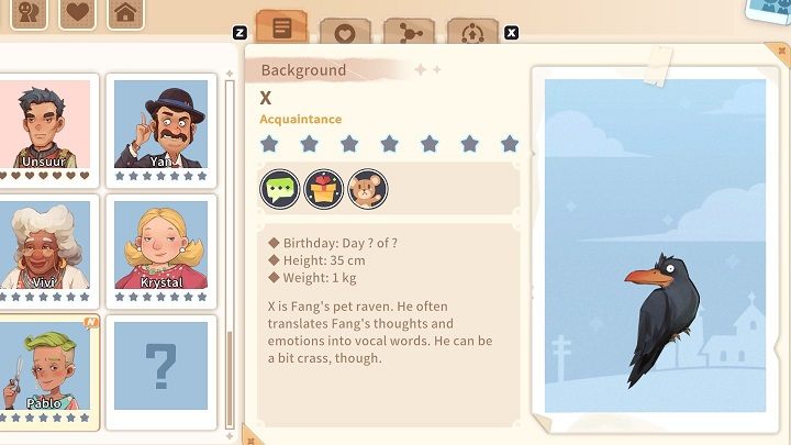 X is a raven that Fang taught to speak - My Time at Sandrock: Characters and Romance - Basics - My Time at Sandrock Guide, Walkthrough