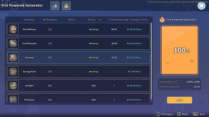 To add fuel to the Fire Powered Generator, simply interact with the device and click the "Add" button below the tank image - My Time at Sandrock: Fire Powered Generator - how to build? - FAQ - My Time at Sandrock Guide, Walkthrough