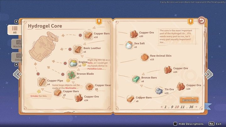 Approach the Assembly Station and select the Hydrogel Core blueprint - My Time at Sandrock: Moisture Farm Blues - walkthrough - Main missions - My Time at Sandrock Guide, Walkthrough