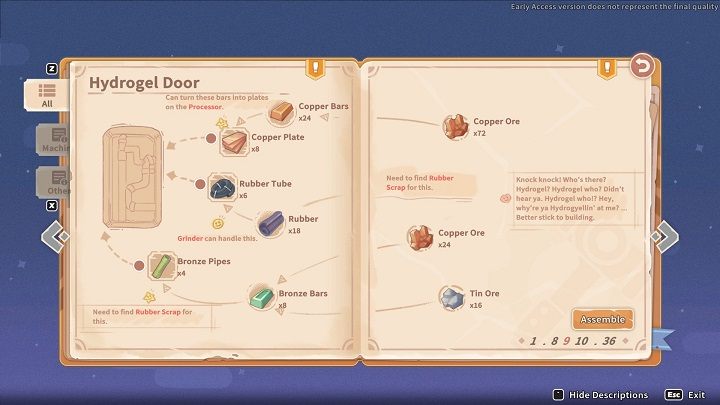When you're done, put the Hydrogel Core in your inventory and select the Hydrogel Door diagram in Assembly Station - My Time at Sandrock: Moisture Farm Blues - walkthrough - Main missions - My Time at Sandrock Guide, Walkthrough