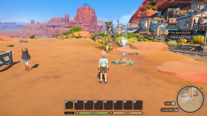 Your first objective is searching Junk Piles, in which you must find 4x Stone and 2x Wood - My Time at Sandrock: The New Builder - walkthrough - Main missions - My Time at Sandrock Guide, Walkthrough