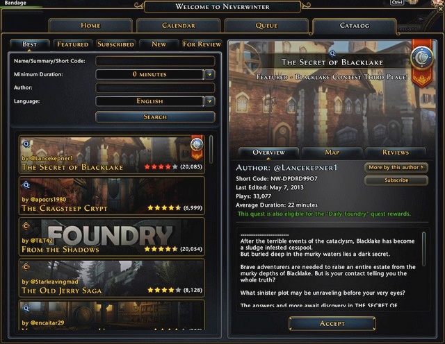 Catalog tab of Landing Page has several important elements - The Foundry quests and local contacts - Quests - Neverwinter - Game Guide and Walkthrough