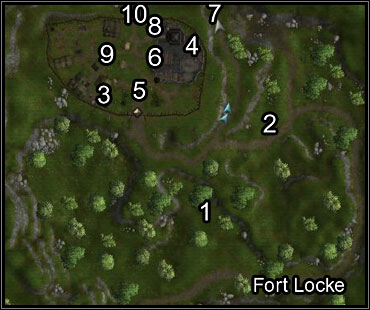 Immediately after entering the are you'll see Galen (1), whose bodyguards have decided to turn against him - Safer Travels / Fort Locke Investigation - Fort Locke - Neverwinter Nights 2 - Game Guide and Walkthrough