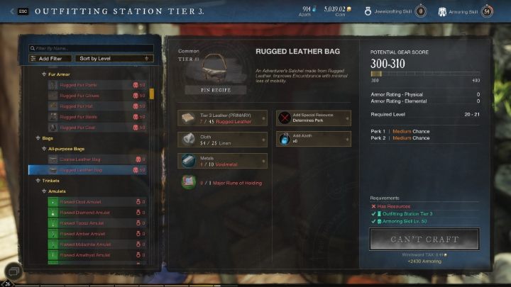 Bag Crafting is related to the Armorsmithing skill and takes place at Outfitting Station in the settlement - New world: How to increase carrying capacity? - FAQ - New World Guide