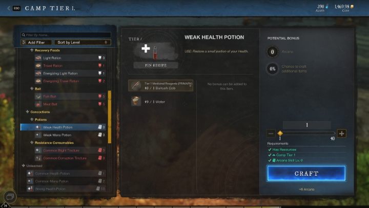 The remaining ingredient necessary to craft a health potion is water - you can obtain it from rivers and lakes or from wells in settlements (no tools or objects are required to collect water) - New World: Health potions - how to make? - FAQ - New World Guide