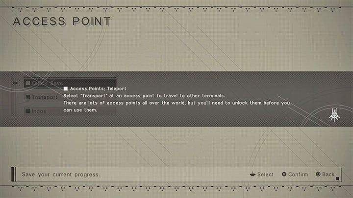When you interact with the Access Point, you will get a message that the fast travel was unlocked - the game calls it 'transport' - NieR Automata: Fast travel - how to unlock and use? - FAQ - NieR Automata Guide