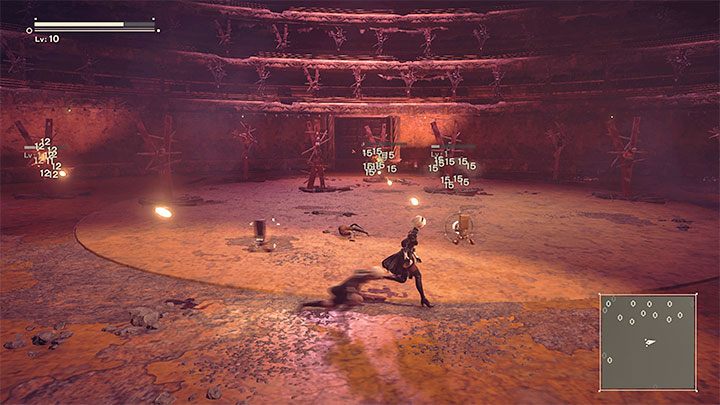 The Boss will temporarily hide on the stage and it means that you have to attack the dead androids that appeared in the arena - NieR Automata: Chapter 4 Route A - walkthrough - Route A - NieR Automata Guide