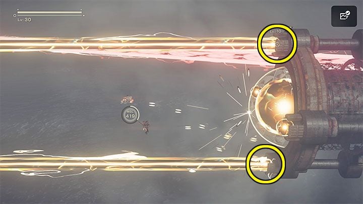 When you approach the EMP generator, aim for the smaller cores first - those shooting yellow energy beams - NieR Automata: Chapter 7, Route A - walkthrough - Route A - NieR Automata Guide