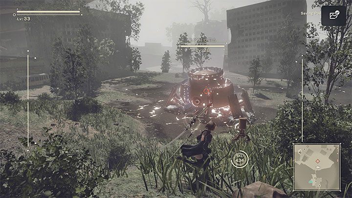 The conversation with Anemone will be interrupted when a large machine appears outside the camp - NieR Automata: Chapter 10, Ending A, Route A - walkthrough - Route A - NieR Automata Guide