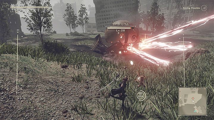 The giant spider also has ranged attacks - the mini-boss can shoot regular projectiles and larger energy streams - NieR Automata: Chapter 10, Ending A, Route A - walkthrough - Route A - NieR Automata Guide