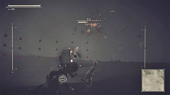 Like in Route A, during the third part of the fight against Eve, you mainly need to focus on dodging groups of projectiles shot by the boss - dashing and running to the sides will be helpful here - NieR Automata: Chapter 10, End B, Route B - walkthrough - Route B - NieR Automata Guide