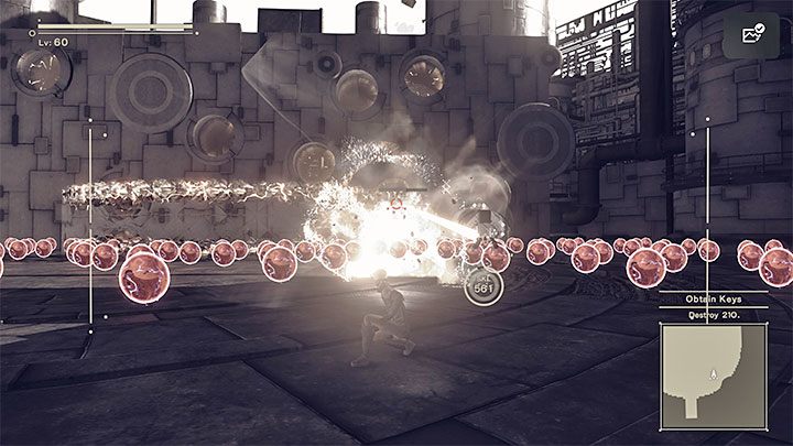 The boss will surround himself with moving rings and shoot a lot of missiles - Nier Automata: Chapter 16, 9S and A2 - Route C, D - walkthrough - Route C & D - NieR Automata Guide