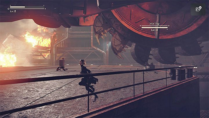 Soon the wall will be destroyed by a mini-boss, Buzzsaw - a big saw that can deal huge damage with its melee attacks - NieR Automata: Chapter 1, Route A - walkthrough - Route A - NieR Automata Guide